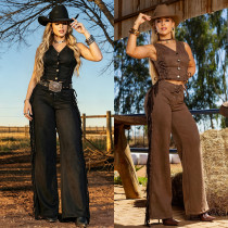 EVE Sleeveless Solid Vest Tassel Pants Two Piece Set BY-7828