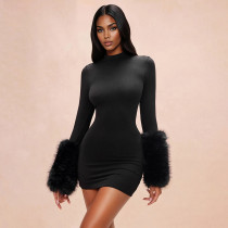 EVE Solid Color Long Sleeve Patchwork Mini Dress MXBF-J26DS441