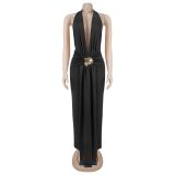 EVE Deep V Neck Halterneck Backless Maxi Dress BY-7833