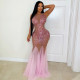 EVE See Through Mesh Hot Diamond Maxi Dress BY-7825