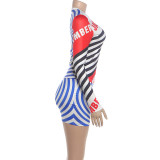 EVE Stripe Letter Printed T Shirt Two Piece Skirts Set GZJQ-K6S10869A