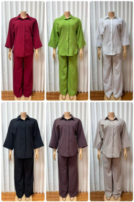EVE Solid Color Lapel Shirt Loose Two Piece Pants Set GADE-9586