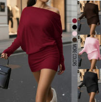 EVE Solid Color Slash Shoulder Mini Dress GSRX-1011