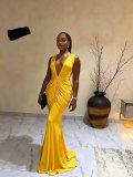 EVE Deep V Neck Ruched Evening Dress GADE-11679
