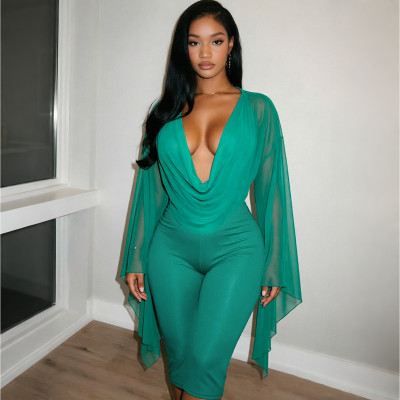 EVE Mesh Deep V Neck Long Sleeve Two Piece Pants Set GDSF-C26ST417