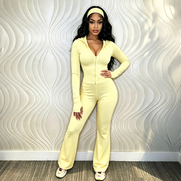 EVE Solid Color Zipper Top+Hairband+Micro Flare Pants 3 Piece Set GDSF-D26ST396