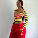 EVE Stripe Letter Printed V Neck Tops GDSF-J26TP461