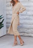 EVE Plus Size V Neck Long Sleeve Tie Up Midi Dress GMYS-LWZ0060