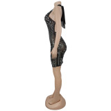 EVE Deep V Neck Halterneck Hot Drill Mini Dress BY-7866