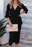 EVE Plus Size V Neck Long Sleeve Tie Up Midi Dress GMYS-LWZ0060