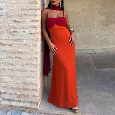 EVE Plus Size Contrast Color Scarf Collar Camisole Maxi Dress GHMF-30688