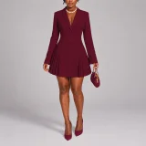 EVE Long Sleeve Ruched Solid Mini Dress HNIF-SY050