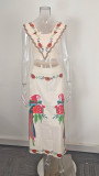 EVE Plus Size Printed V Neck High Waist Two Piece Skirt Set GHMF-29109