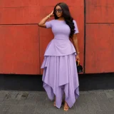 EVE Solid Color Short Sleeve Irregular Maxi Dress GCNE-75858