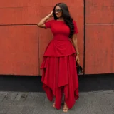 EVE Solid Color Short Sleeve Irregular Maxi Dress GCNE-75858