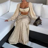 EVE Plus Size Polka Dot Printed Long Sleeve Two Piece Skirts Set GHMF-30748