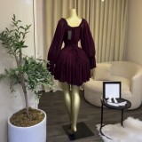EVE Tie Up Lantern Sleeve Mini Dress GCNE-75791