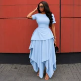 EVE Solid Color Short Sleeve Irregular Maxi Dress GCNE-75858