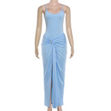 EVE Solid Color Sling Bodysuit Split Long Skirt 2 Piece Set GYME-K6S17145A