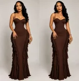 EVE Solid Color Ruffles Sling Maxi Dress GMYU-11536