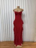EVE Solid Color Ruffles Sling Maxi Dress GMYU-11536