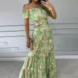 EVE Plus Size Printed Short Sleeve Tie Up Maxi Dress GHMF-8157