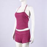 EVE Stripe Backless Halterneck Two Piece Shorts Set GNZD-32802SBY