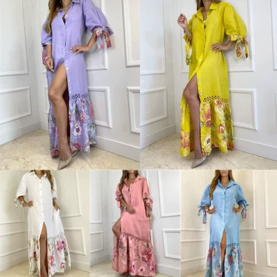 EVE Plus Size Lace Patchwork Tie Up 3/4 Sleeve Shirt Dress GLXY-4805