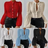 EVE Plus Size Lace Patchwork Lantern Sleeve Shirt GLXY-24-2358