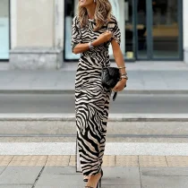 EVE Zebra Stripe Long Sleeve Split Maxi Dress GNZD-60379DBZ