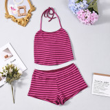 EVE Stripe Backless Halterneck Two Piece Shorts Set GNZD-32802SBY