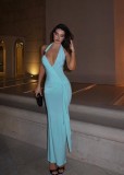 EVE Halterneck Solid Color V Neck Maxi Dress GKYS-3001