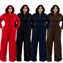 EVE Solid Color Ruched Hooded Sport Two Piece Pants Set CM-60107