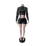 EVE PU Leather Tie Up Two Piece Shorts Set MEM-88727