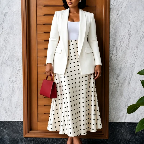 EVE Plus Size Solid Color Blazer Coat+Polka Dot Long Skirt Suit GCZF-8680
