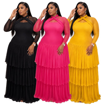EVE Plus Size Solid Color Long Sleeve Maxi Dress NNWF-8211