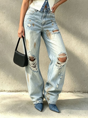 EVE Plus Size Holes Graffiti Raw Edge Jeans GYLN-1090
