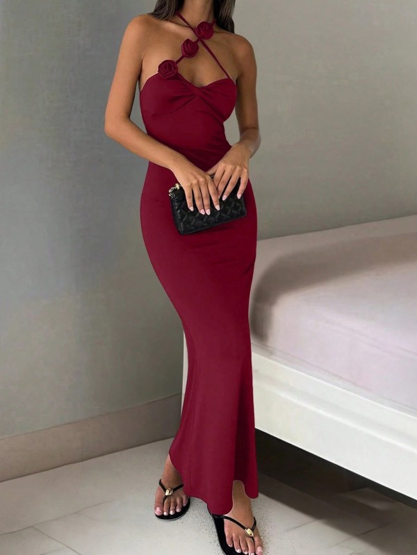 EVE 3D Rose Cross Shoulder Strap Maxi Dress GAXB-W579DS