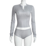 EVE Zipper Stripe Long Sleeve Two Piece Short Set MXBF-D26ST358