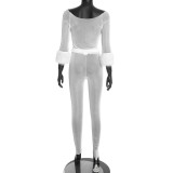 EVE See Through Mesh Fur Sleeve Two Piece Pants Set MXBF-Q26ST253