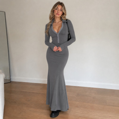 EVE Long Sleeve Lapel Knits Maxi Dress GPKJ-MR52640