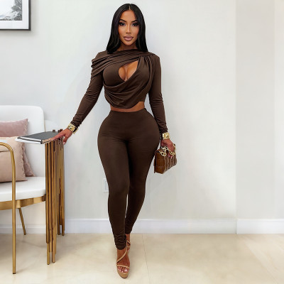 EVE Long Sleeve Ruched Hollow Out 2 Piece Pants Set GSZM-C26ST426