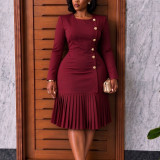 EVE Plus Size Solid Color Pleated Midi Dress GCZF-8679