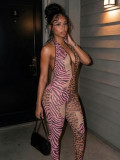 EVE Deep V Neck Halterneck Mesh Leopard Jumpsuit GTGE-MH1039