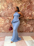 EVE Off Shoulder Halterneck Ruffles Maxi Dress GMYU-11548