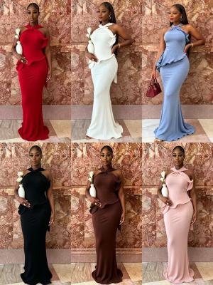 EVE Off Shoulder Halterneck Ruffles Maxi Dress GMYU-11548