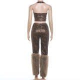 EVE Fluffy Patchwork Sexy Vest Two Piece Pants Set XEF-K6S15085A