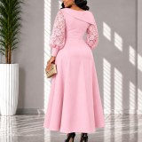 EVE Plus Size Lace Patchwork Long Sleeve Midi Dress GMLF-3394