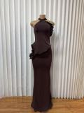 EVE Off Shoulder Halterneck Ruffles Maxi Dress GMYU-11548