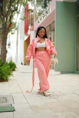 EVE Fleece-lined Solid Color Coat Two Piece Pants Set CM-61019
